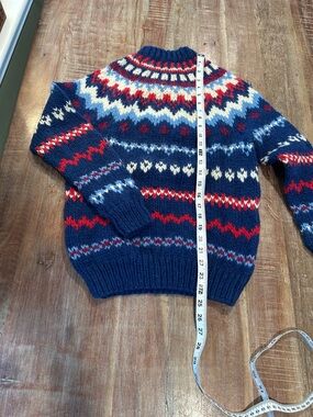 Hand Crafted Vintage Wool Men's Nordic Crewneck Sweater - Navy, Red & White